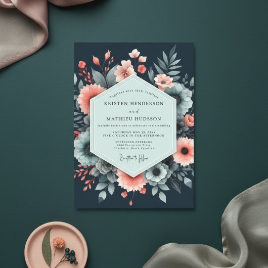 Navy Ethereal Floral Bloom Wedding 招待状