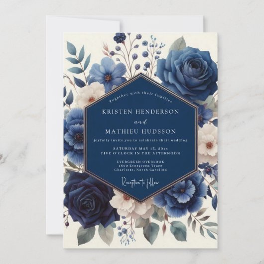 Navy Floral Artistry Wedding 招待状 (正面)