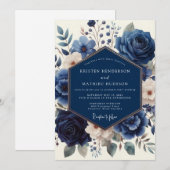 Navy Floral Artistry Wedding 招待状 (正面/裏面)