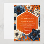 Navy Floral Autumn Bloom Wedding 招待状 (正面/裏面)