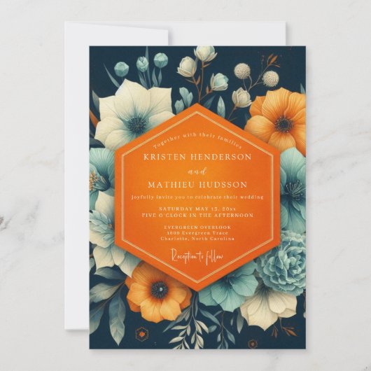 Navy Floral Autumn Romance Wedding 招待状 (正面)