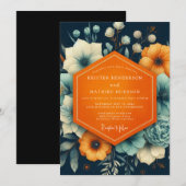 Navy Floral Autumn Romance Wedding 招待状 (正面/裏面)