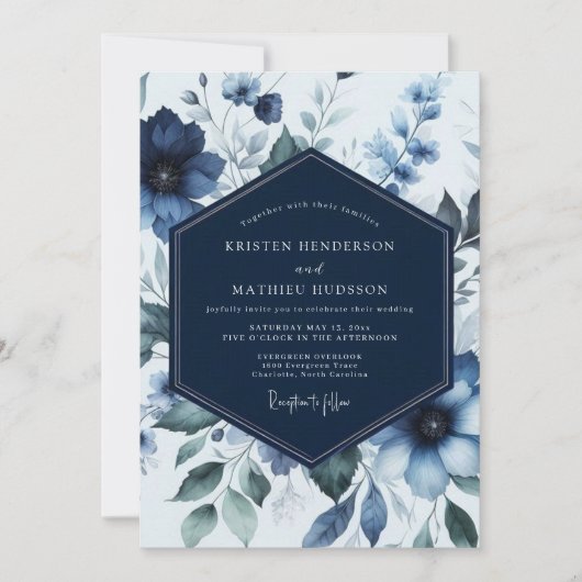 Navy Floral Bloom Romance Wedding 招待状 (正面)