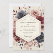 Navy Floral Bloom Wedding 招待状 (正面)