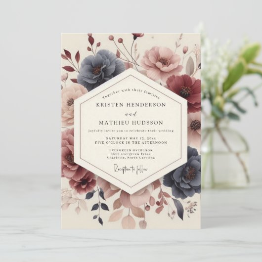 Navy Floral Bloom Wedding 招待状 (スタンド正面)