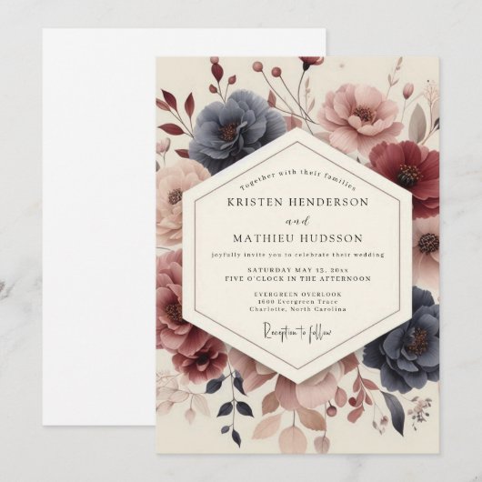 Navy Floral Bloom Wedding 招待状 (正面/裏面)