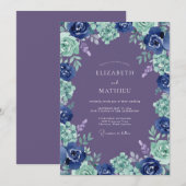 Navy Floral Blossom Romantic Wedding 招待状 (正面/裏面)