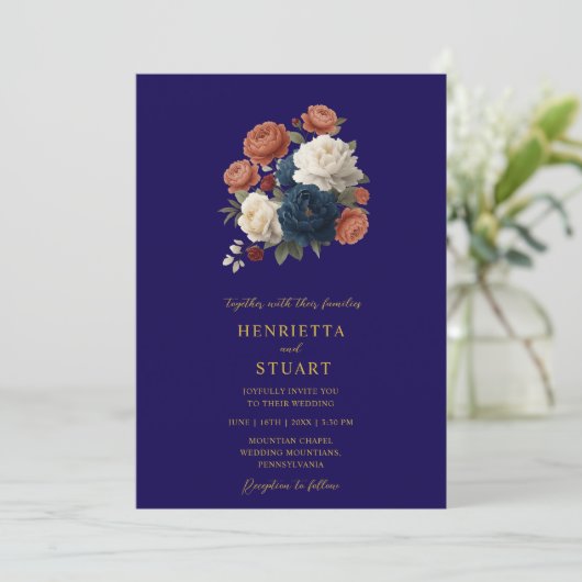 Navy Floral Botanical All-in-One Wedding  招待状 (スタンド正面)