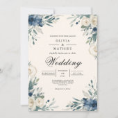 Navy Floral Botanical Arch Wedding 招待状 (正面)