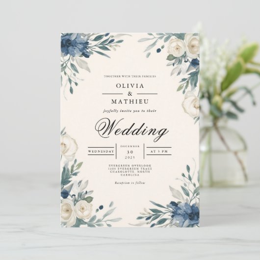 Navy Floral Botanical Arch Wedding 招待状 (スタンド正面)