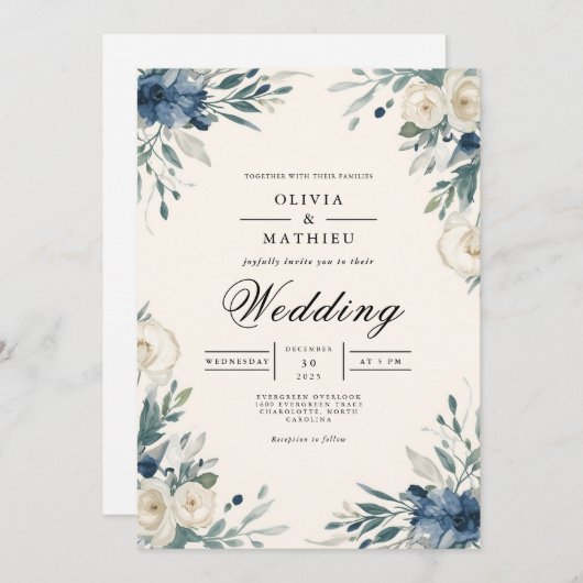 Navy Floral Botanical Arch Wedding 招待状 (正面/裏面)