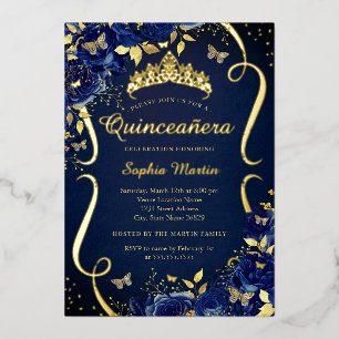 Navy Floral Butterfly Tiara Quinceanera 箔招待状