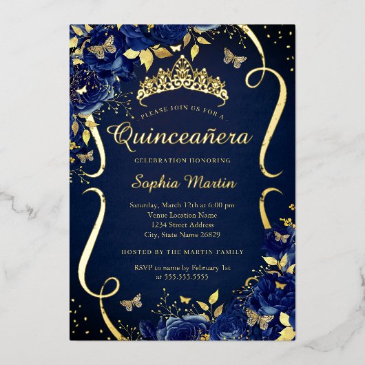 Navy Floral Butterfly Tiara Quinceanera 箔招待状 (正面)