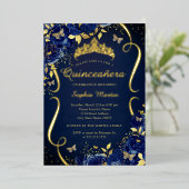Navy Floral Butterfly Tiara Quinceanera 箔招待状 (立ち正面)