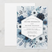 Navy Floral Dusk Romance Wedding 招待状 (正面/裏面)