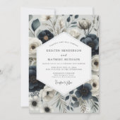Navy Floral Elegance Wedding 招待状 (正面)
