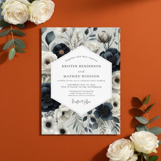 Navy Floral Elegance Wedding 招待状
