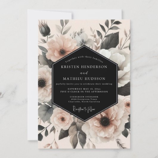 Navy Floral Ethereal Wedding 招待状 (正面)