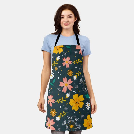 Navy Floral Garden Whimsical Spring Pattern エプロン (着用した状態)