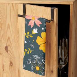 Navy Floral Garden Whimsical Spring Pattern キッチンタオル
