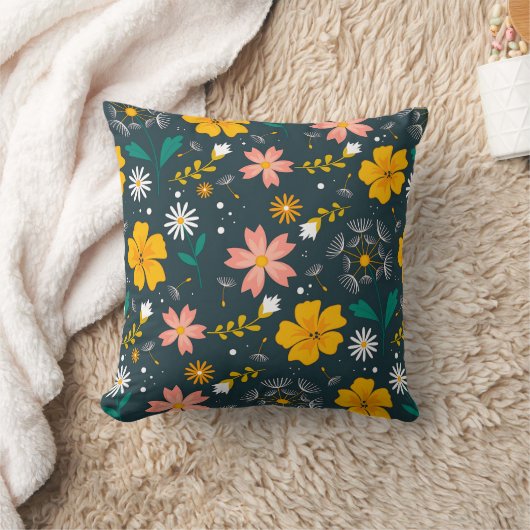 Navy Floral Garden Whimsical Spring Pattern クッション (ブランケット)