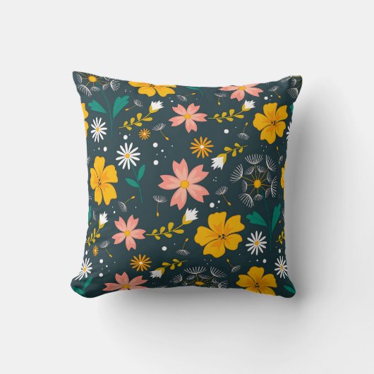 Navy Floral Garden Whimsical Spring Pattern クッション (正面)