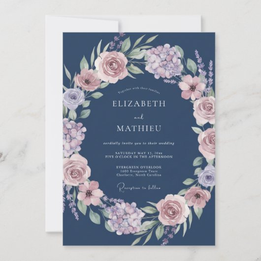 Navy Floral Garland Romance Wedding 招待状 (正面)