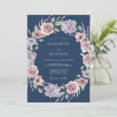 Navy Floral Garland Romance Wedding 招待状 (スタンド正面)