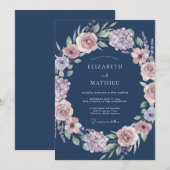 Navy Floral Garland Romance Wedding 招待状 (正面/裏面)