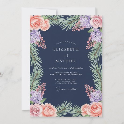 Navy Floral Laurel Romance Wedding 招待状 (正面)