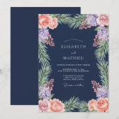 Navy Floral Laurel Romance Wedding 招待状 (正面/裏面)
