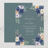 Navy Floral Lush Arrangement Wedding 招待状 (正面/裏面)