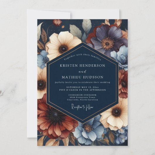 Navy Floral Moody Bloom Wedding 招待状 (正面)