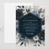 Navy Floral Moody Wedding 招待状 (正面/裏面)