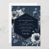 Navy Floral Nocturnal Romance Wedding 招待状 (正面/裏面)