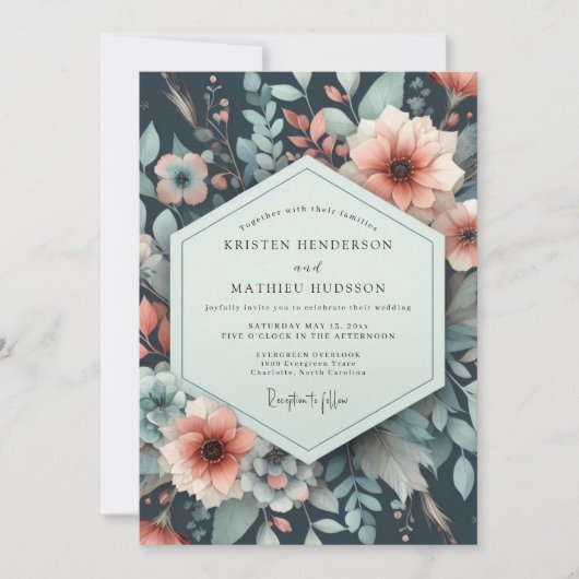 Navy Floral Nocturne Romance Wedding 招待状 (正面)