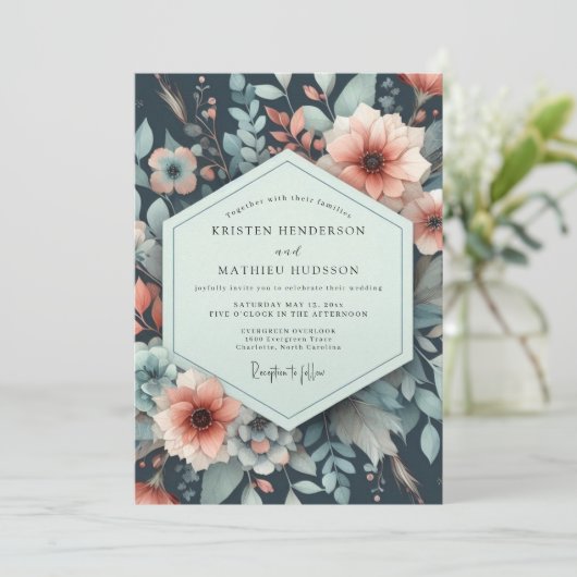 Navy Floral Nocturne Romance Wedding 招待状 (スタンド正面)