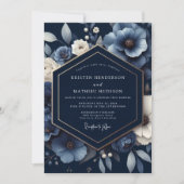 Navy Floral Opulent Wedding 招待状 (正面)