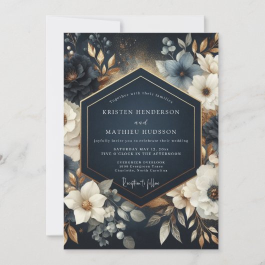 Navy Floral Opulent Wedding 招待状 (正面)