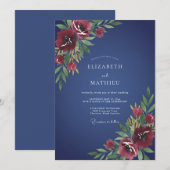 Navy Floral Romantic Flourish Wedding 招待状 (正面/裏面)