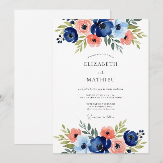 Navy Floral Romantic Wedding 招待状 (正面/裏面)