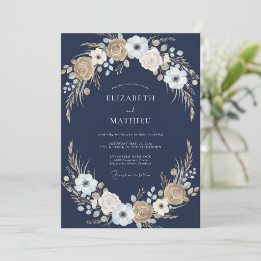 Navy Floral Rustic Romance Wedding 招待状 (スタンド正面)