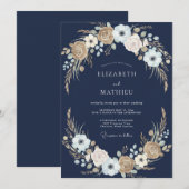 Navy Floral Rustic Romance Wedding 招待状 (正面/裏面)
