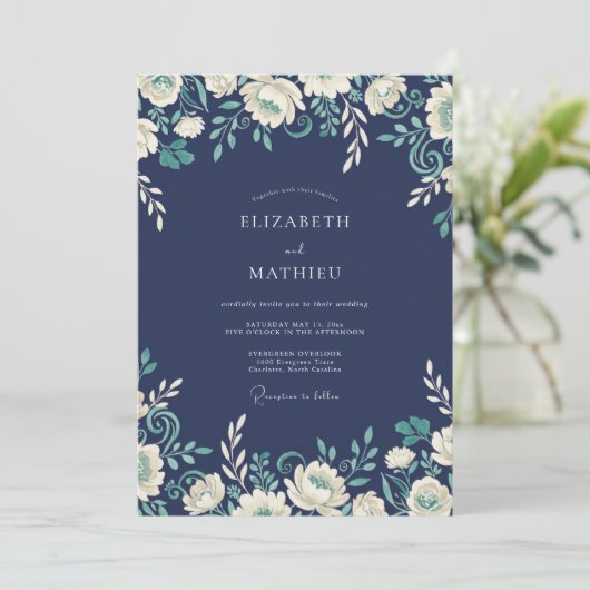 Navy Floral Scroll Romance Wedding 招待状 (スタンド正面)