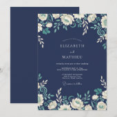 Navy Floral Scroll Romance Wedding 招待状 (正面/裏面)