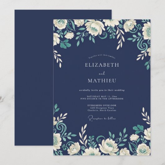Navy Floral Scroll Romance Wedding 招待状 (正面/裏面)