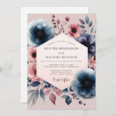 Navy Floral Vintage Romance Wedding 招待状 (正面/裏面)