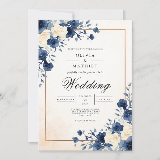 Navy Floral Watercolor Flourish Wedding 招待状 (正面)