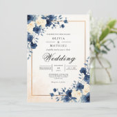 Navy Floral Watercolor Flourish Wedding 招待状 (スタンド正面)