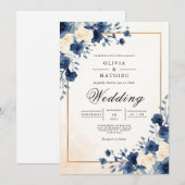 Navy Floral Watercolor Flourish Wedding 招待状 (正面/裏面)